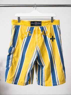 River Woods Men’s Board Shorts Size L Yellow Blue Striped Swim Trunks